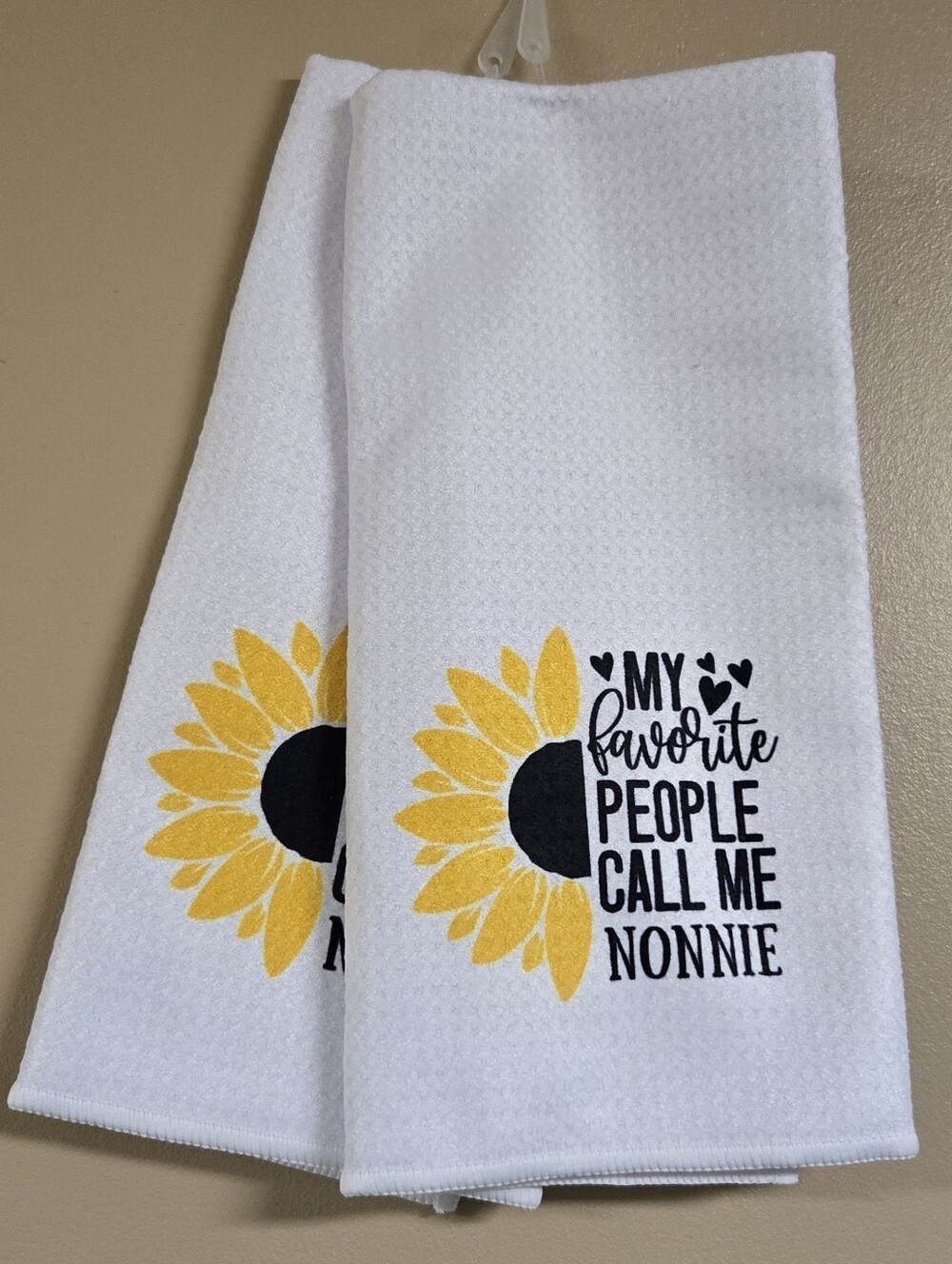 2 white kitchen hand towel "MY FAVORITE PEOPLE CALL ME NONNIE".